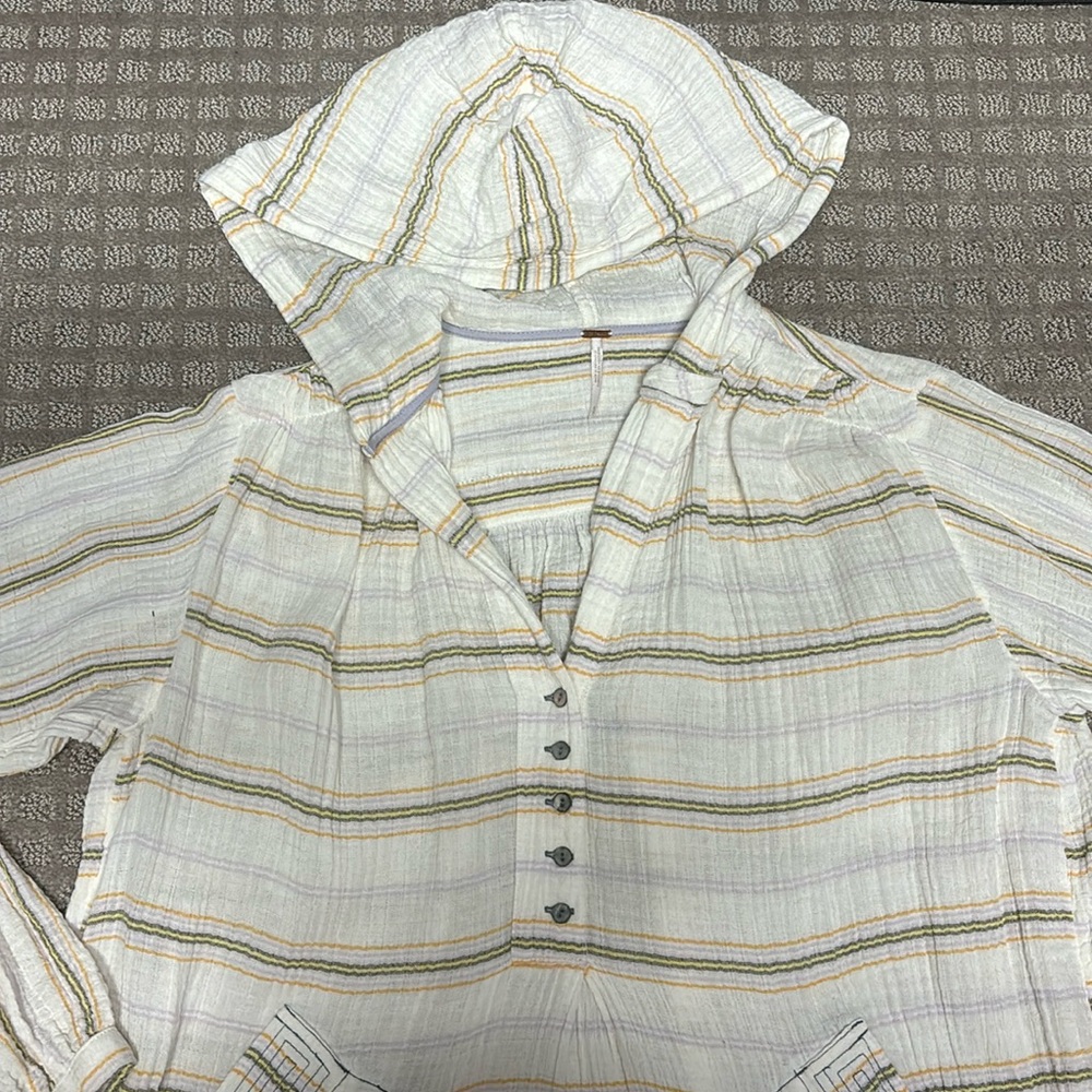 Free People Rolling Clouds 100% Cotton Hooded Blouse Ivory Striped Small - Picture 5 of 7